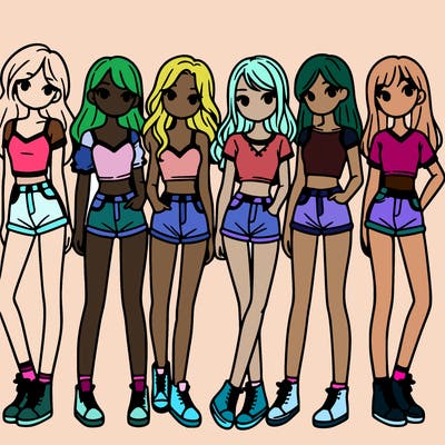 a group of girls wearing crop tops and shorts