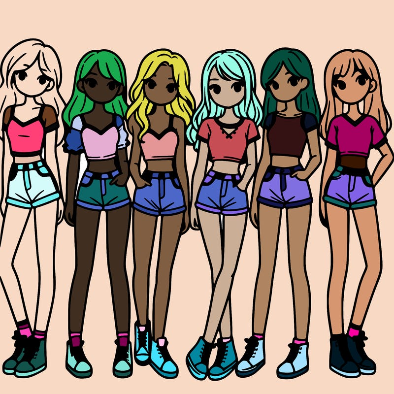 a group of girls wearing crop tops and shorts