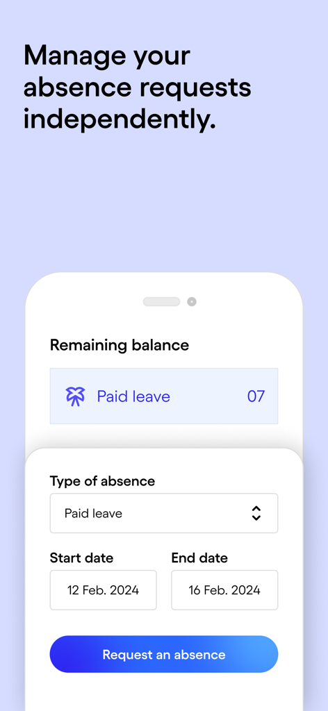 Écran de l'application mobile Skello montrant le formulaire de demande d'absence et le solde de congés payés.
