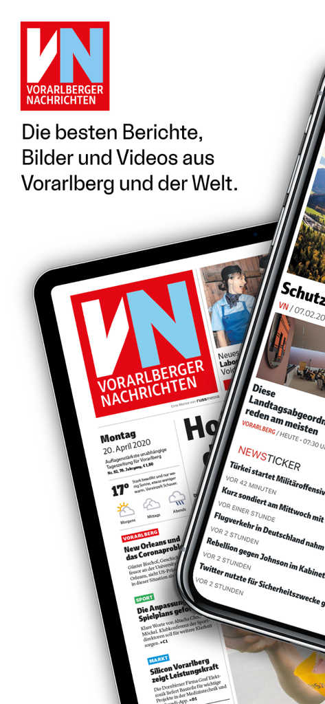 VN Vorarlberger Nachrichten news app displayed on a smartphone and tablet