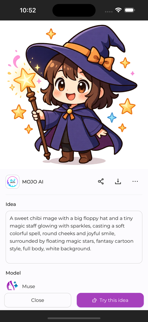 MOJO AI - AI-generated chibi mage girl with a purple hat and magic staff in the MOJO AI app interface
