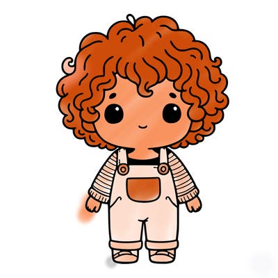 little girl with curly hair and overalls