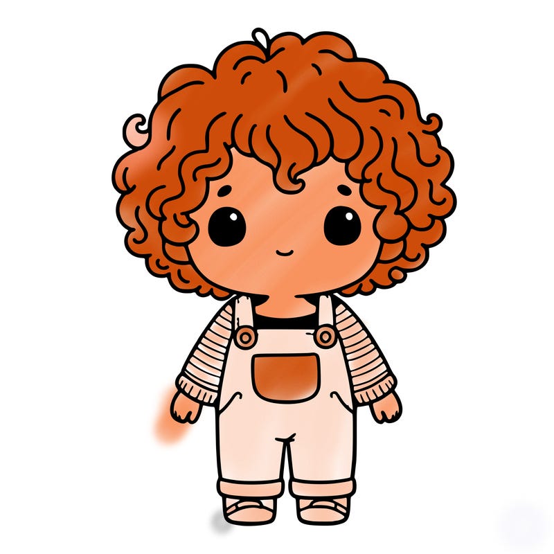 little girl with curly hair and overalls