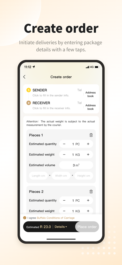Mobile App-Oberfläche für BUFFALOEX, die das Formular zum Erstellen von Bestellungen mit Absender- und Empfängerdetails zeigt.