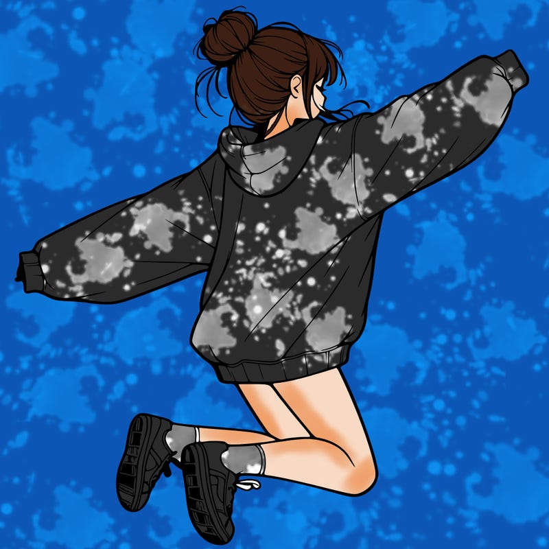 realistic girl jumping with a bun and oversized sweatshirt