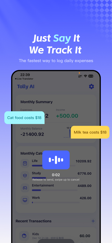 Tally AI: Expense & Budget Log - Tally AI mobile app interface demonstrating voice command expense logging and a monthly financial summary dashboard