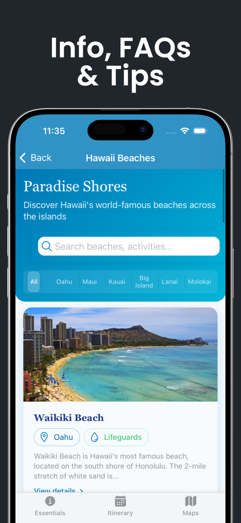 オアフ島のワイキキビーチを含む、ハワイ旅行アプリのトップビーチリストを表示するインターフェイス。