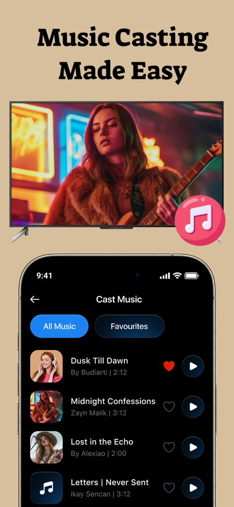 AirPlay : Screen Mirroring - Interface do aplicativo do iPhone para transmitir música para uma smart TV com uma lista de músicas e um visualizador de neon na tela