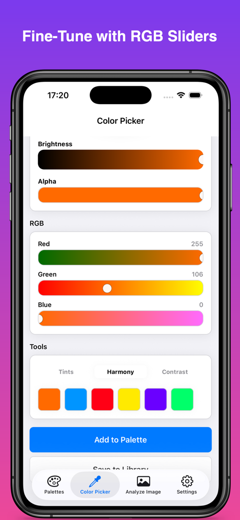 ColorKit – Palette & Picker - Interfaz de la aplicación ColorKit que muestra el selector de color con controles deslizantes RGB, control de brillo y sugerencias de armonía de color.
