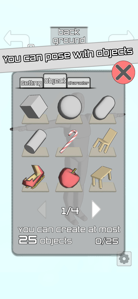 Make A Pose - A menu in the Make A Pose app showing various 3D objects like chairs and shapes that can be added to a character scene