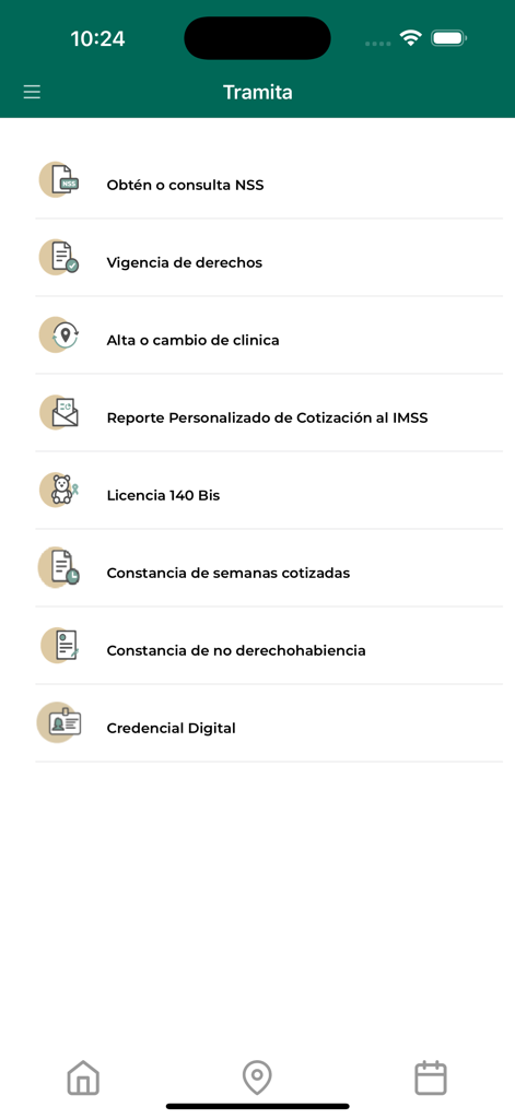 IMSS Digital - Screen of the IMSS Digital mobile app showing administrative services like social security number consultation and clinic registration.