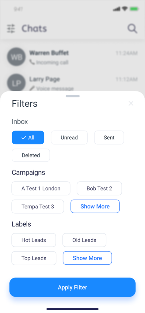 Smarter Contact - Smarter Contact mobile app interface showing filter options for inbox campaigns and lead labels.