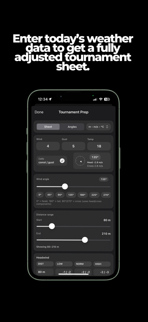 Tournament Prep interface in the Tour Wind Golf app showing weather data and wind angle adjustments
