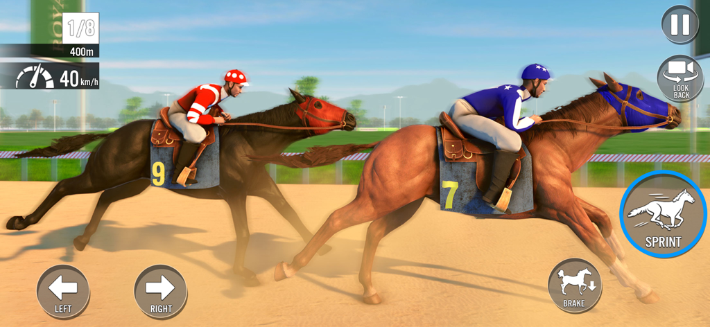 My Stable Horse Racing Games - Deux jockeys faisant courir des chevaux sur une piste sablonneuse avec des commandes de jeu mobiles affichées à l'écran