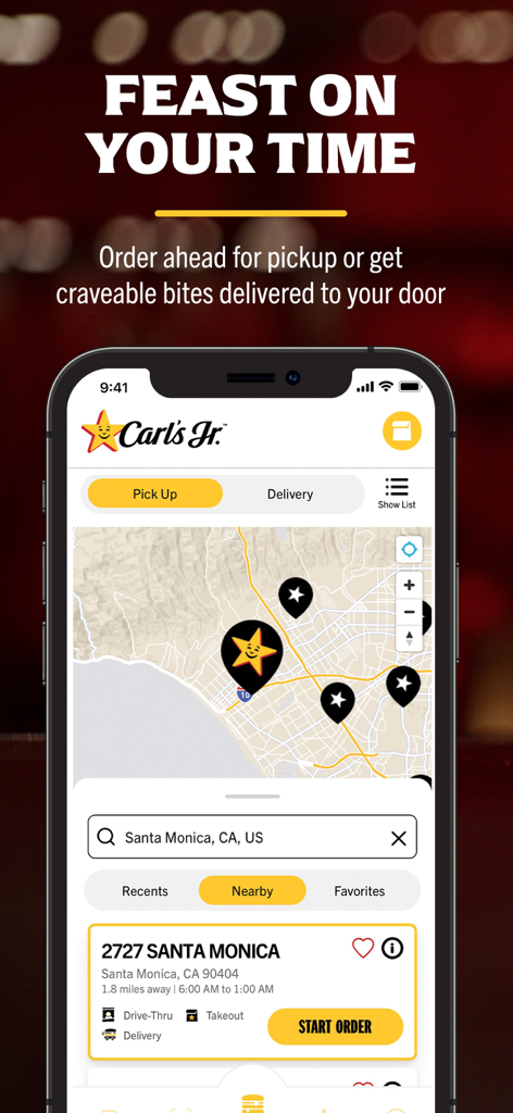 Carls Jr mobile app interface showing a store locator map for pickup and delivery orders