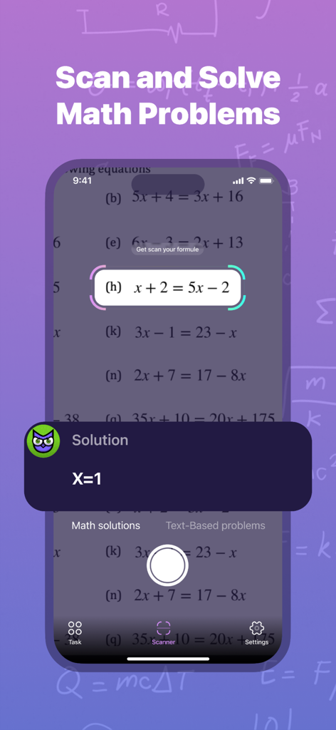 Solver app screen scanning and solving a math equation