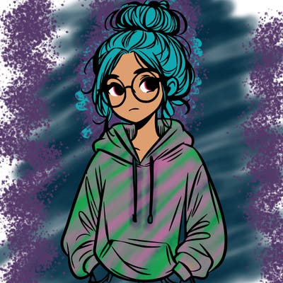 teen girl with a messy bun and glasses wearing a loose hoodie and jeans