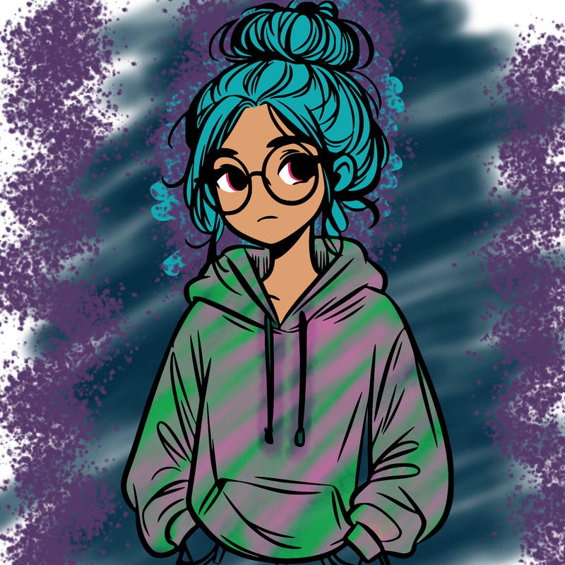 teen girl with a messy bun and glasses wearing a loose hoodie and jeans