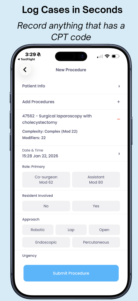 UNIRA - UNIRA app interface showing a new surgical procedure entry with CPT code selection