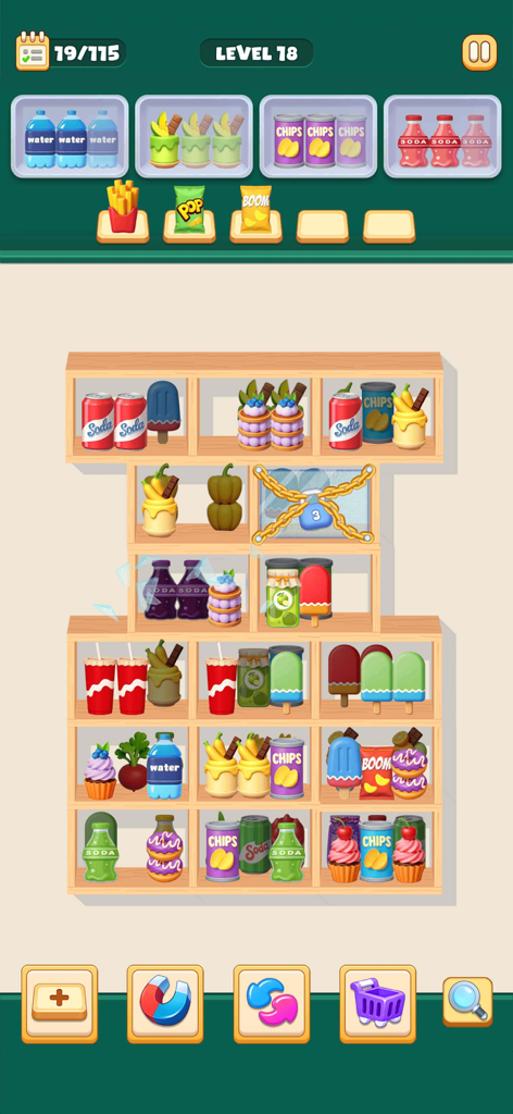 Goods Triple -Good Sort Master - A colorful 3D triple match puzzle game where items like snacks and sodas are sorted onto wooden shelves