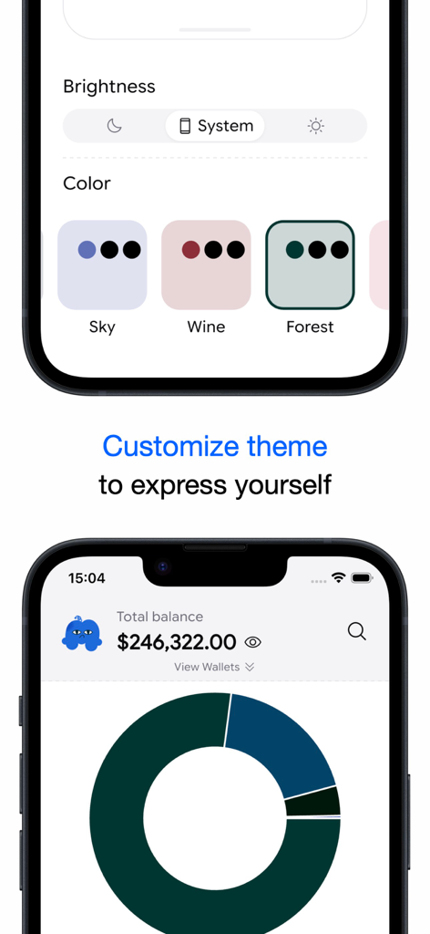 Mokie - Daily Expense Tracker - Personnalisez l'application Mokie avec des thèmes personnalisés et visualisez des informations claires sur vos dépenses.