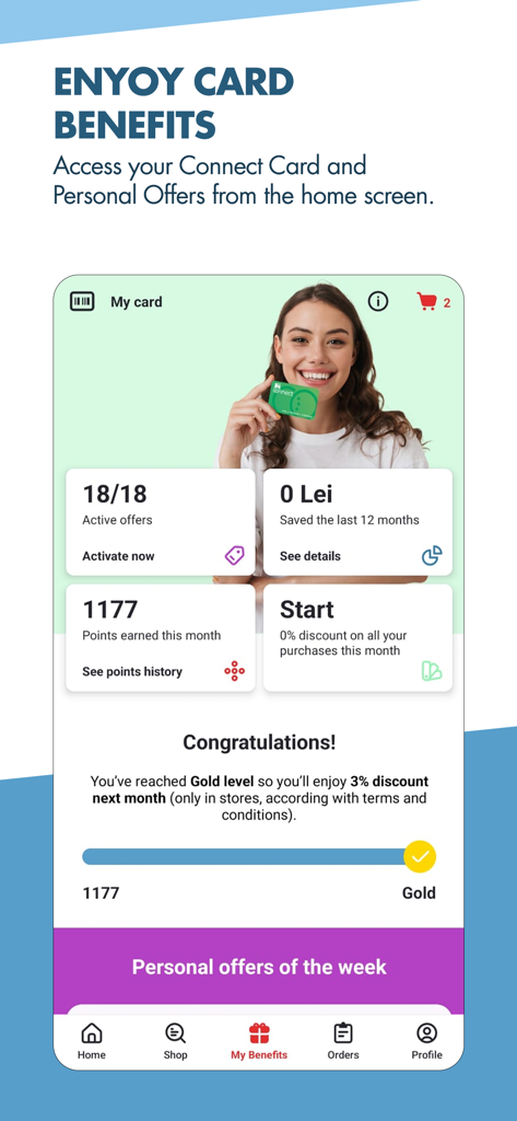 Mega Image app loyalty screen showing earned points and gold level rewards