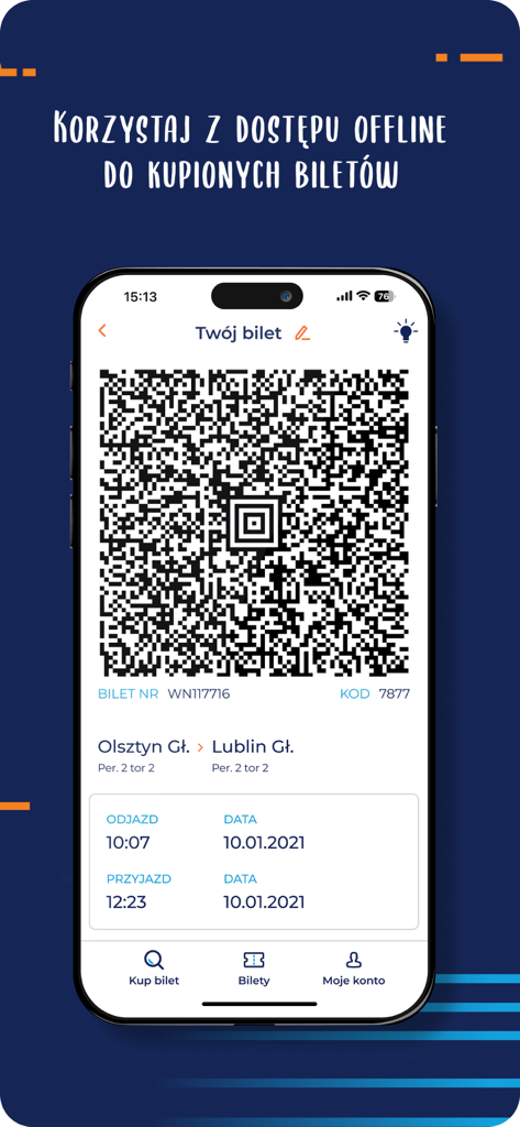 PKP Intercity mobile app screen displaying a digital train ticket with a QR code for offline access