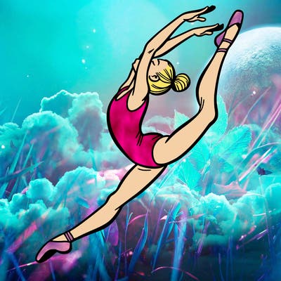 gymnast doing a leap in a leotard with a bent back leg