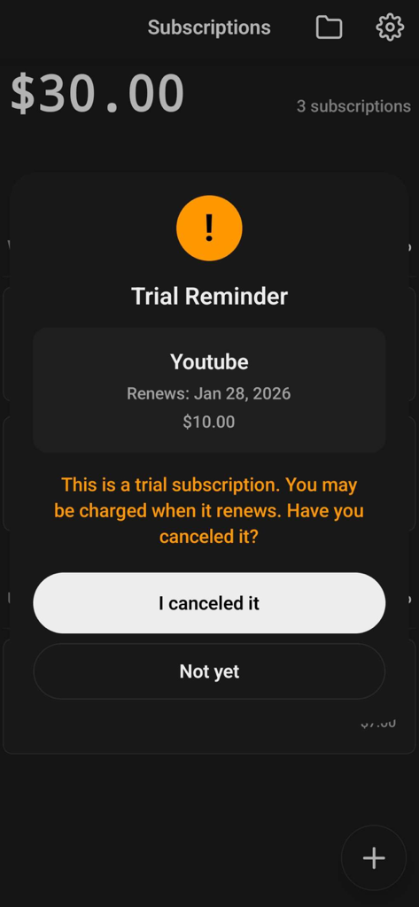 Simple Subscriptions Tracker - A mobile app screen showing a trial reminder for a Youtube subscription with a cancellation confirmation prompt in dark mode