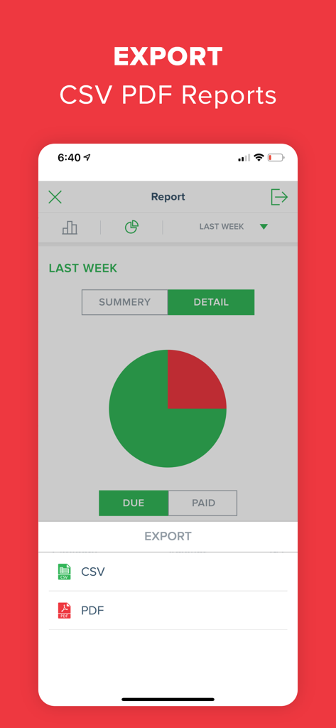 Bill Organizer app export screen showing options for CSV and PDF reports