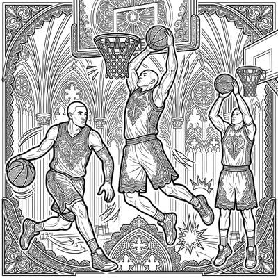 Unleash your creativity with this extraordinary coloring page, where the fast-paced world of basketball collides with the mysterious beauty of Gothic art. Discover three dynamic players set against an intricately detailed backdrop of ornate arches and dramatic shadows.