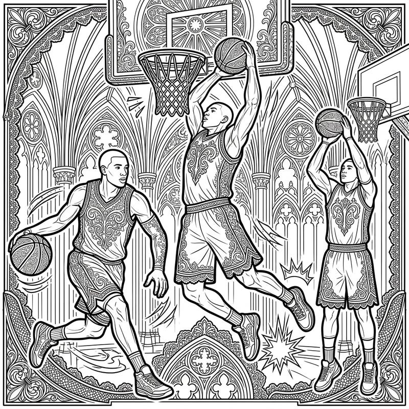 Unleash your creativity with this extraordinary coloring page, where the fast-paced world of basketball collides with the mysterious beauty of Gothic art. Discover three dynamic players set against an intricately detailed backdrop of ornate arches and dramatic shadows.