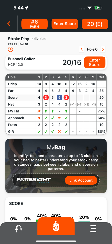 Bushnell Golf Mobile - 클럽 추적 정보와 함께 페어웨이 히트, 규정 그린, 퍼트 통계를 보여주는 Bushnell Golf Mobile 앱의 상세 골프 스코어카드