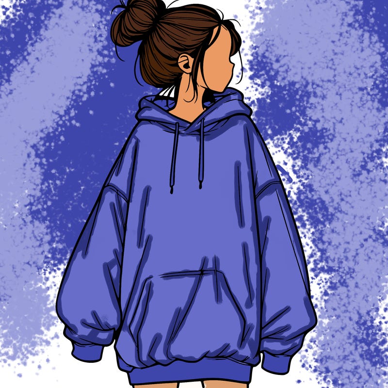 realistic girl with a oversized sweatshirt on and a bun