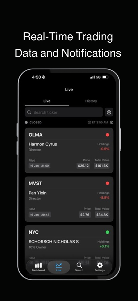 Undula: Insider Trading - Undula app interface displaying real time insider trading data and notifications