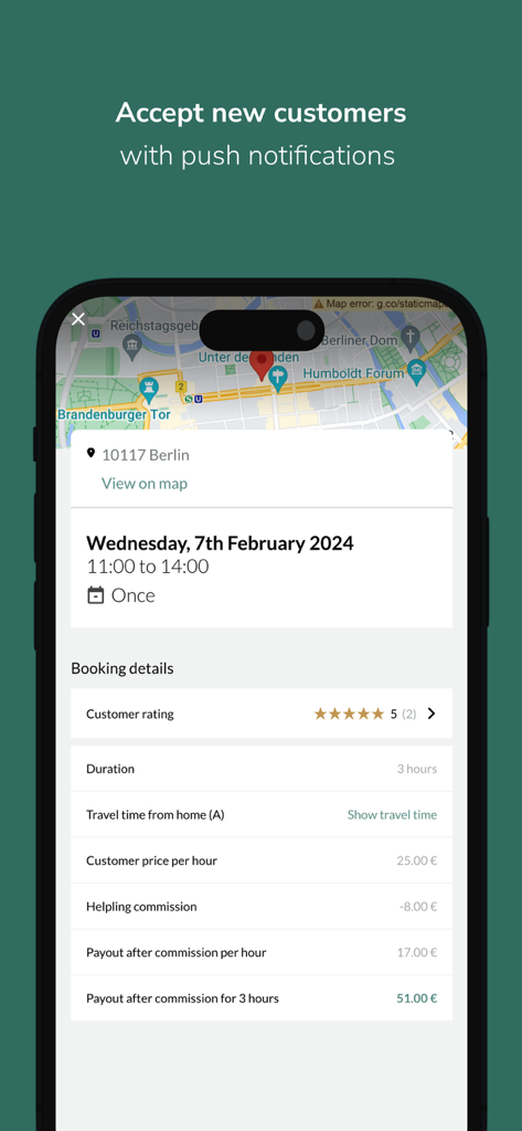 Pantalla de detalles de reserva de la aplicación Helpling Partner que muestra un trabajo en Berlín con un mapa de ubicación, la calificación del cliente y un desglose del pago total después de la comisión.