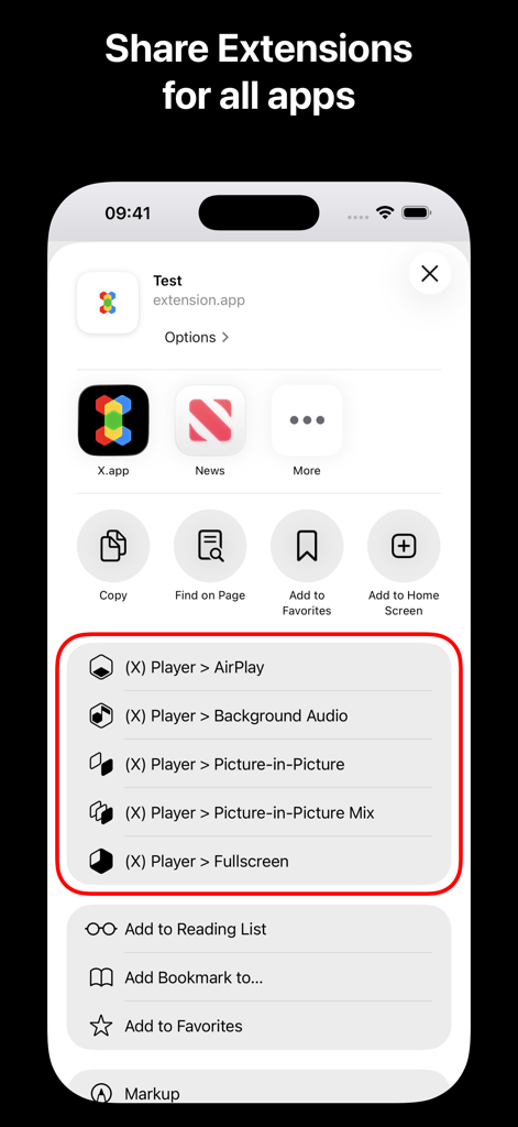X.app - X.app share extension menu on iOS featuring picture-in-picture and background audio tools