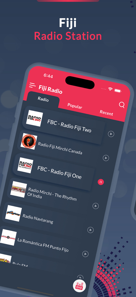 Fiji Radio Stations - FM AM - iPhone screen displaying the Fiji Radio Stations app with a list of popular Fijian radio channels including FBC and Radio Mirchi