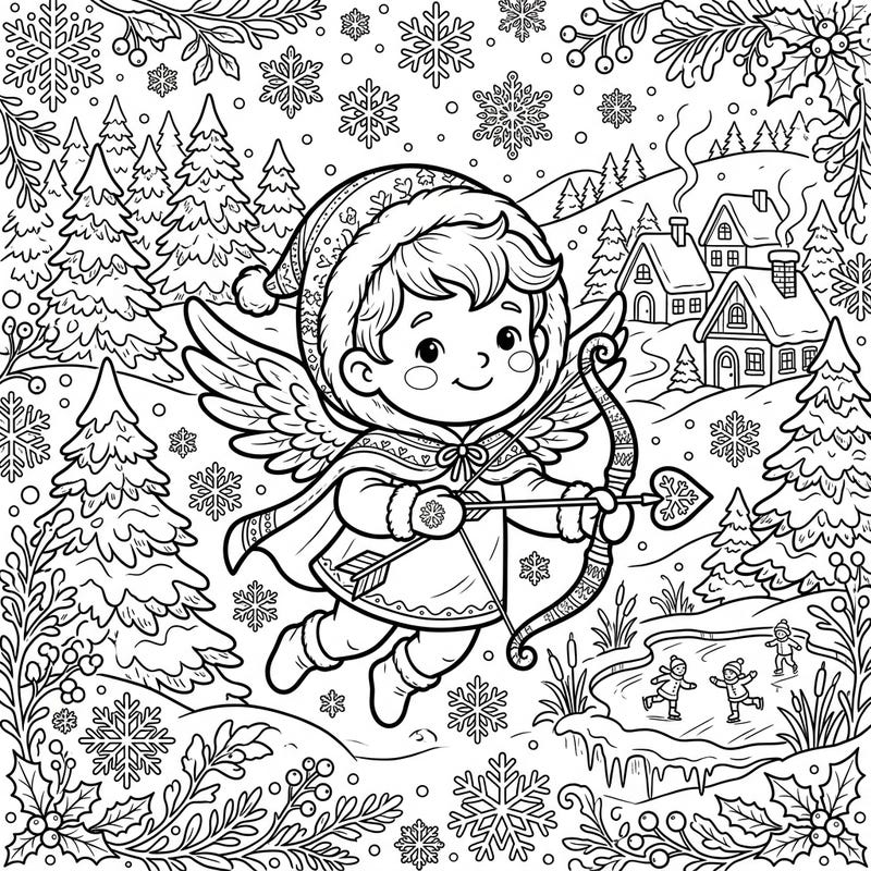 Discover the magic of winter with this charming coloring page featuring a delightful cherub Cupid flying through a snowy landscape. Adorned with a bow and arrow, this little angel is ready to spread love and joy amidst snowflakes and festive scenes.