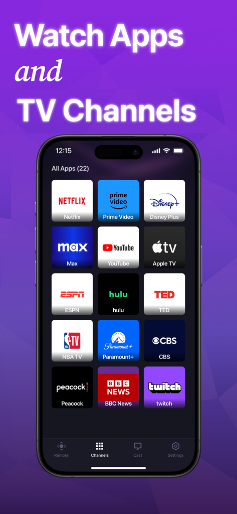 Uma interface de aplicativo móvel para TV Roku mostrando uma grade de serviços de streaming populares como Netflix e YouTube