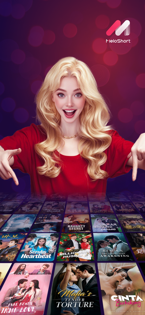 MeloShort-Stream Movies&Dramas - Une femme désigne une collection de courtes séries dramatiques dans l'application MeloShort