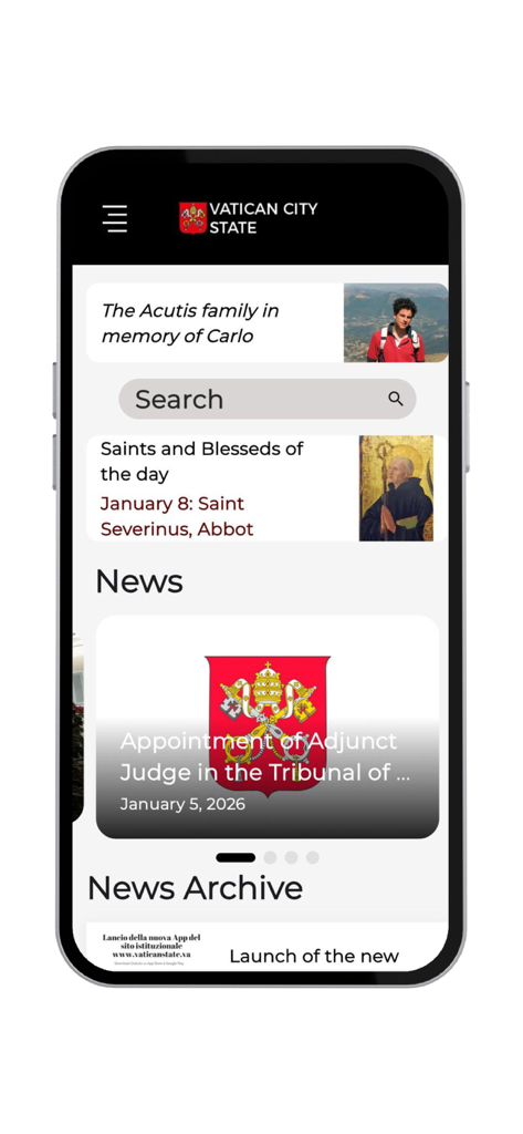 VaticanState - Pantalla de inicio de la aplicación VaticanState que muestra actualizaciones de noticias oficiales, una barra de búsqueda e información sobre los santos del día.