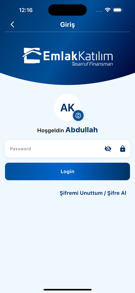 Login screen of the Emlak Katilim Tasarruf Finans mobile app featuring a welcome message and password input field.