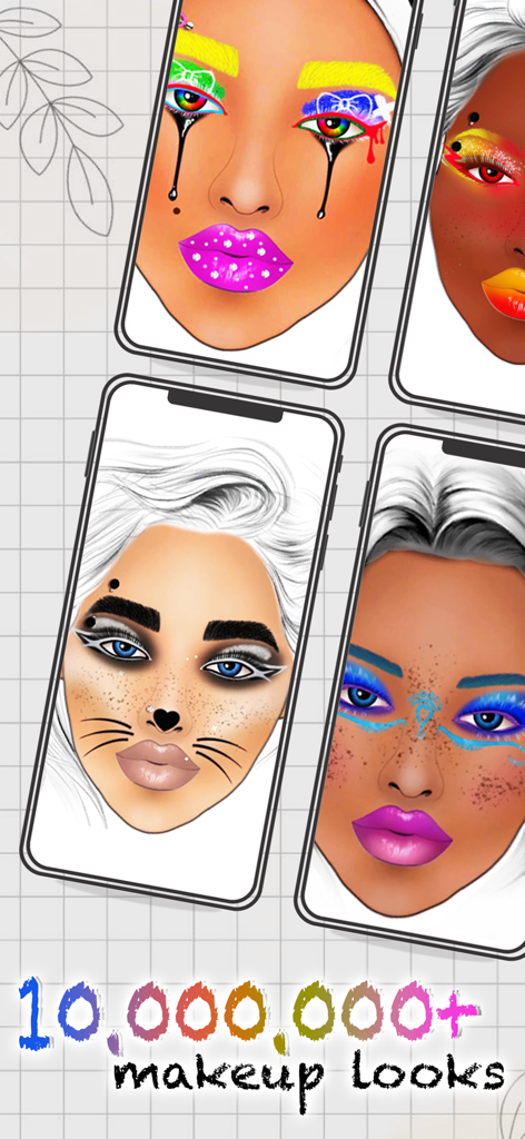 Cuatro smartphones mostrando una variedad de cartillas faciales de maquillaje digital artísticas y coloridas