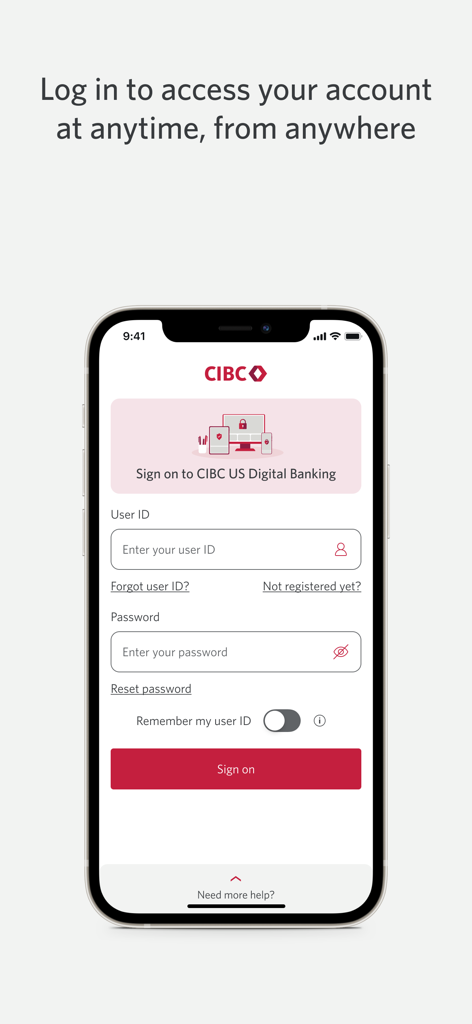 CIBC US Mobile Banking - CIBC US Mobile Bankingアプリのログイン画面。ユーザーIDとパスワード入力フィールドが表示されています