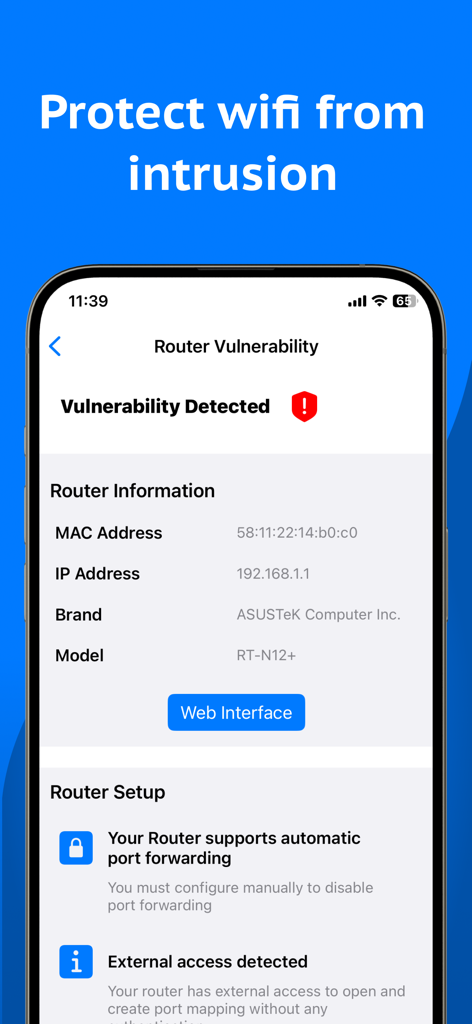 Interfaz de la aplicación móvil de Network Analyzer que muestra una vulnerabilidad detectada en el router e información técnica del dispositivo.