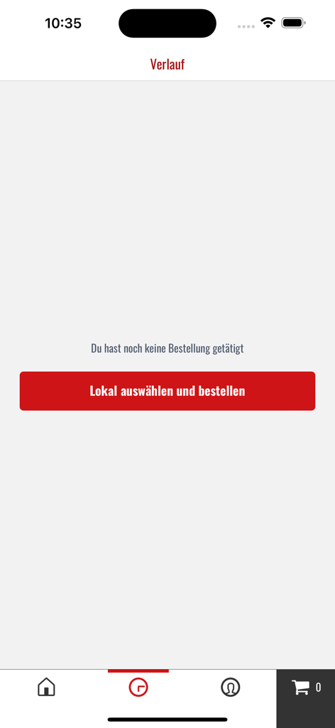 Empty order history screen in the l'autentico mobile app showing a button to start a new order.