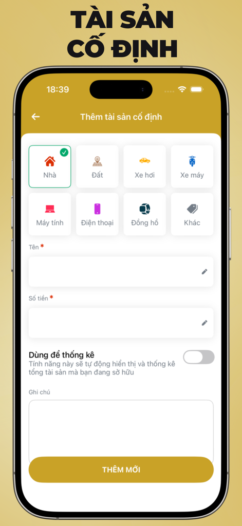 Sổ Vàng Tích Sản - Interfaz para agregar activos fijos como bienes raíces y vehículos en la aplicación financiera So Vang Tich San.