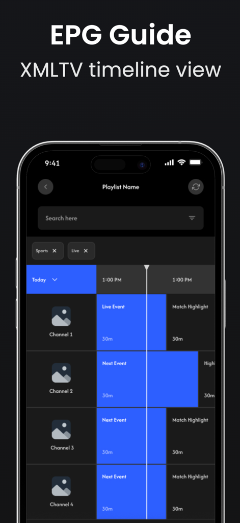 iPTV Pro-App-Oberfläche, die den EPG-Guide und die XMLTV-Zeitleistenansicht für Live-Fernsehkanäle anzeigt.