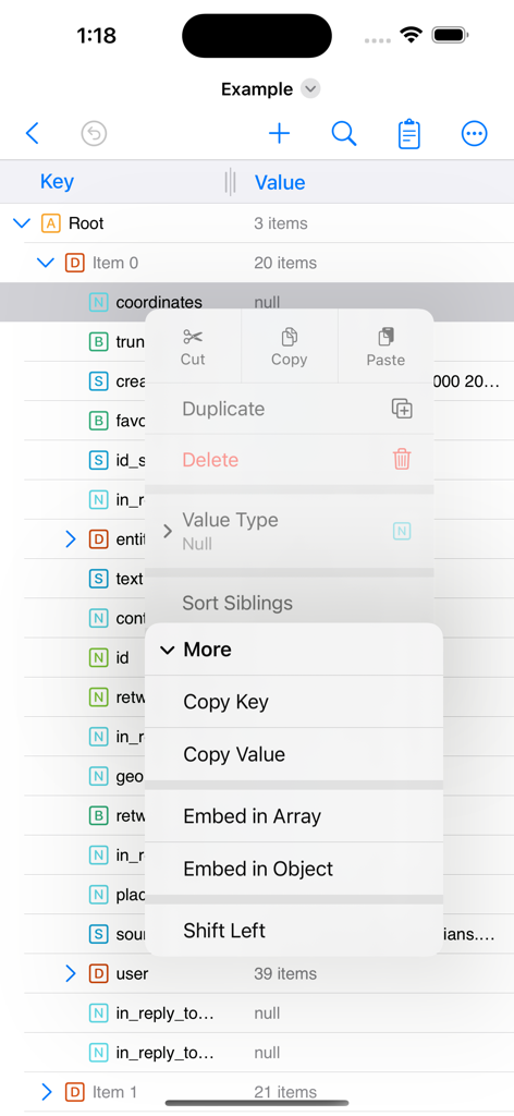 JSON Editor Mobile - JSON Editor Mobile 앱 인터페이스로, 개요 트리 뷰와 데이터 조작을 위한 열린 컨텍스트 메뉴를 표시합니다.